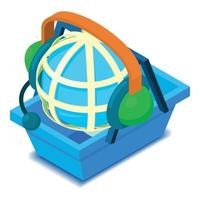 icono de soporte global vector isométrico. cuadrícula de globo en auriculares y cesta de la compra