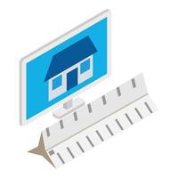 House project icon isometric vector. Building on monitor and three sided ruler vector