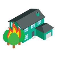 icono de fuego vector isométrico. árbol verde en llamas cerca del icono del edificio residencial