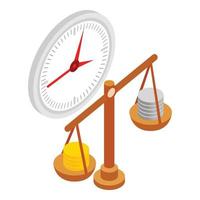 Keeping finance icon isometric vector. Stack of coin on scales and round clock vector