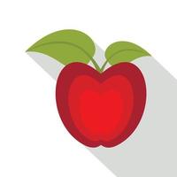 Red apple with green leaves icon, flat style vector