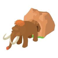 Prehistoric era icon isometric vector. Woolly mammoth near cave entrance icon vector