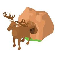 Wild animal icon isometric vector. Wild brown elk near stone cave entrance icon vector