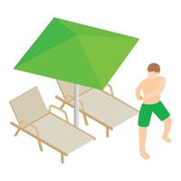 icono de vacaciones en la playa vector isométrico. hombre cerca de chaise longue y sombrilla