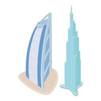 vector isométrico del icono de punto de referencia de dubai. edificio burj khalifa burj al arab hotel