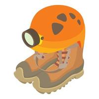 Caving equipment icon isometric vector. Caving helmet with lantern trekking shoe vector