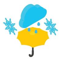 icono de clima mixto vector isométrico. copo de nieve nube de lluvia y paraguas amarillo