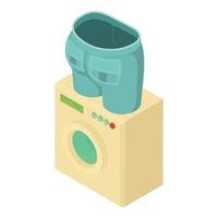 Machine wash icon isometric vector. Grey cropped jeans on washing machine icon vector