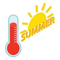 vector isométrico de icono de verano caliente. brillante sol de verano e icono de termómetro al rojo vivo