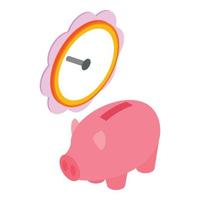 icono de ahorro financiero vector isométrico. reloj de pared redondo rosa y hucha