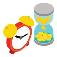 Loan repayment icon isometric vector. Alarm clock and hourglass with coin inside vector