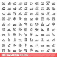 100 aviation icons set, outline style vector