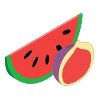 icono de fruta de verano vector isométrico. rodaja de sandía madura fresca y medio higo