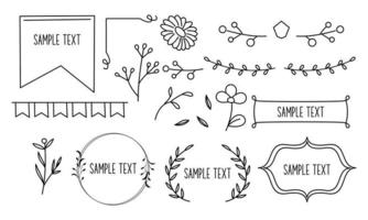 marcos de dibujo de líneas retro, cintas, flores, decoraciones y plantas vector