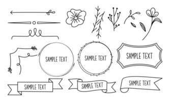 Retro line drawing frames, ribbons, florals,decorations and plants vector