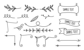 marcos de dibujo de líneas retro, cintas, flores, decoraciones y plantas vector