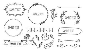 Retro line drawing frames, ribbons, florals,decorations and plants vector