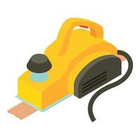 Powertool icon isometric vector. Yellow power planer and perforated plank icon vector