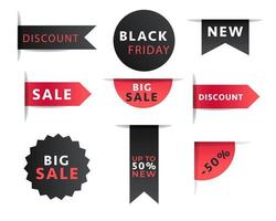 Collection of black and red different shape price tag label badges with sale discount offer design element vector