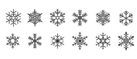 colección de navidad invierno línea plana arte negro forma diferente copos de nieve varios iconos diseño de elementos de decoración vector