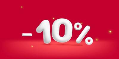 Cartoon render 3d vector  shiny white - 10 percent off discount sale tag symbol design element on red background