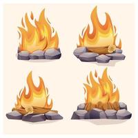 The fire surrounded with stones isolated on a white background. Vector cartoon close-up illustration.