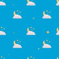 Vector seamless cute baby pattern. Background decoration or wrapping paper on the theme of sleep time. Cartoon simple half moon, stars and cloud on the blue sky.