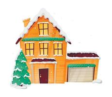 Winter vector isolated Christmas illustration of cartoon house with snow and light in the windows, Christmas tree