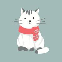Cute sitting cat in a winter knitted scarf. vector