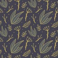 Vector modern seamless pattern. Doodle images and flat icons with twigs, berries and leaves. Wrapping paper and background decoration.