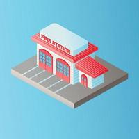 Vector isolated image in isometric style. Volumetric fire station building, architecture and the concept of a modern city. Design decorative elements on the theme of modern life.