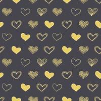 Vector seamless pattern for valentines day. Gold hearts on a black background of different shapes. Doodle flat icons. Background decoration