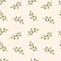 Vector seamless pattern. Simple branches or twigs from an olive tree, leaves and fruits of olives. Decoration for background or wrapping paper.