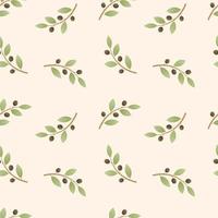 Vector seamless pattern. Simple branches or twigs from an olive tree, leaves and fruits of olives. Decoration for background or wrapping paper.