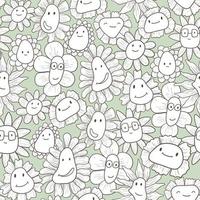 Vector seamless pattern. Funny, crazy and cute doodle flower bud images emoji with face. Petals of different shapes and sizes. Cute baby decoration for background and wrapping paper.