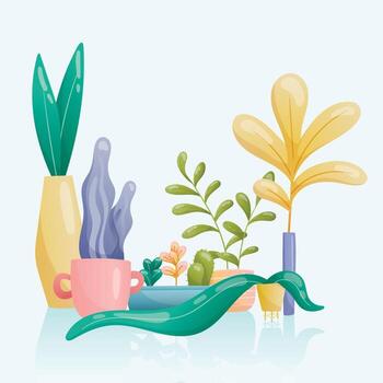A set of vector images of home plants in pots and vases of various unusual shapes and bright colors. Large and small leaves painted in gradient, cacti.