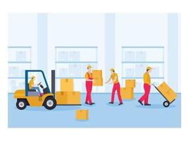 Workers arranging packages in warehouse vector