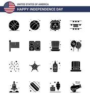 Solid Glyph Pack of 16 USA Independence Day Symbols of united flag american american buntings Editable USA Day Vector Design Elements