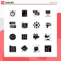 Collection of 16 Vector Icons in solid style. Modern Glyph Symbols for Web and Mobile. Solid Icon Sign Isolated on White Background. 16 Icons.