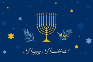 Traditional Hanukkah holiday symbols - menorah, David star, olive branches. Illustration for card, banner vector