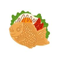 Taiyaki sandwich japanese bakery. Fish-shaped cake with salad, egg, tomato. Japanese street food. Cartoon vector.