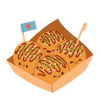 Takoyaki vector asian food. Cute takoyaki on white background. Free space for text. Vector illustration