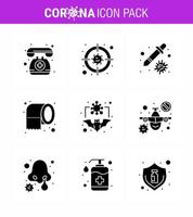 9 Solid Glyph Black Coronavirus disease and prevention vector icon carrier safety dropper tissue cleaning viral coronavirus 2019nov disease Vector Design Elements