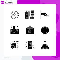 Group of 9 Modern Solid Glyphs Set for celebration wellness alms therapy relaxation Editable Vector Design Elements