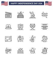 16 Line Signs for USA Independence Day hat frankfurter white food statue Editable USA Day Vector Design Elements