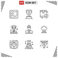 Estilo de línea de 9 iconos. símbolos de esquema creativos basados en cuadrículas para el diseño de sitios web. signos de icono de línea simple aislados en fondo blanco. 9 conjunto de iconos. vector