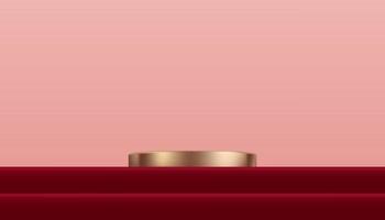 Podio de cilindro de oro rosa con pantalla 3d sobre fondo rojo y pared beige, escena de estudio de lujo vectorial con soporte circular para San Valentín, año nuevo chino, Navidad, presentación del producto del día de la madre vector