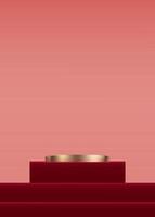 Podio de cilindro de oro rosa con pantalla 3d sobre fondo rojo y pared beige, escena de estudio de lujo vectorial con soporte circular para San Valentín, año nuevo chino, Navidad, presentación del producto del día de la madre vector