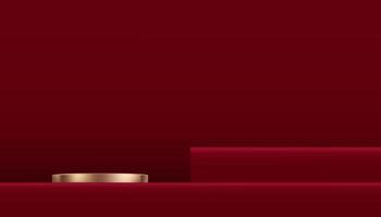 Podio de cilindro de oro rosa con pantalla 3d sobre fondo de pared roja, escena de estudio de lujo vectorial con soporte circular para san valentín, año nuevo chino, navidad, presentación del producto del día de la madre vector