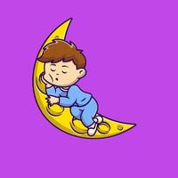 lindo niño durmiendo en la ilustración de iconos de vector de dibujos animados de luna. concepto de caricatura plana. adecuado para cualquier proyecto creativo.